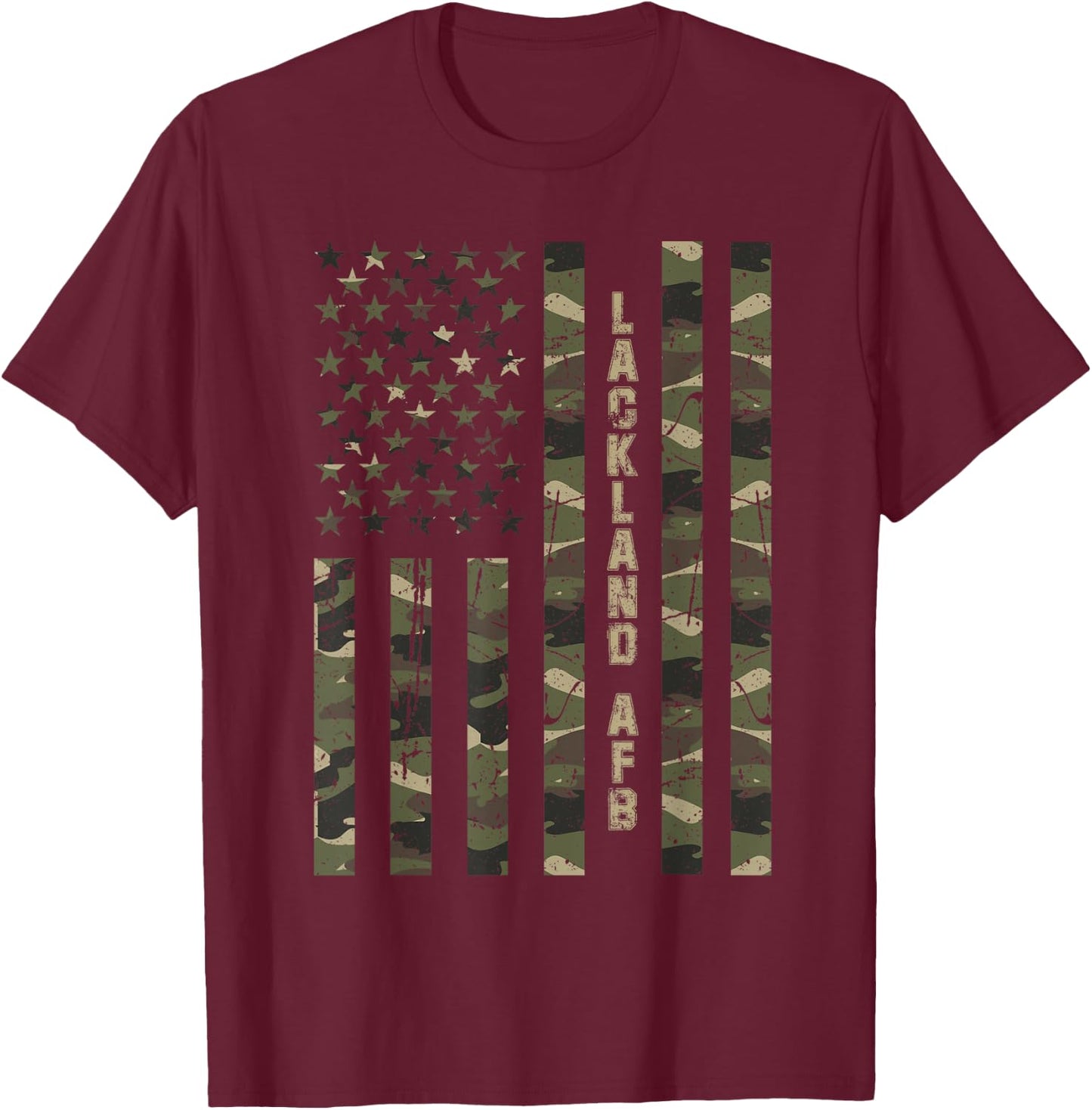 Lackland AFB United States Distressed Camo w US Flag T-Shirt - T-Shirt | Maroon