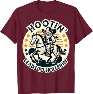 Hootin' Leads To Hollerin' Funny Country Western Owl Rider T-Shirt - T-Shirt | Maroon