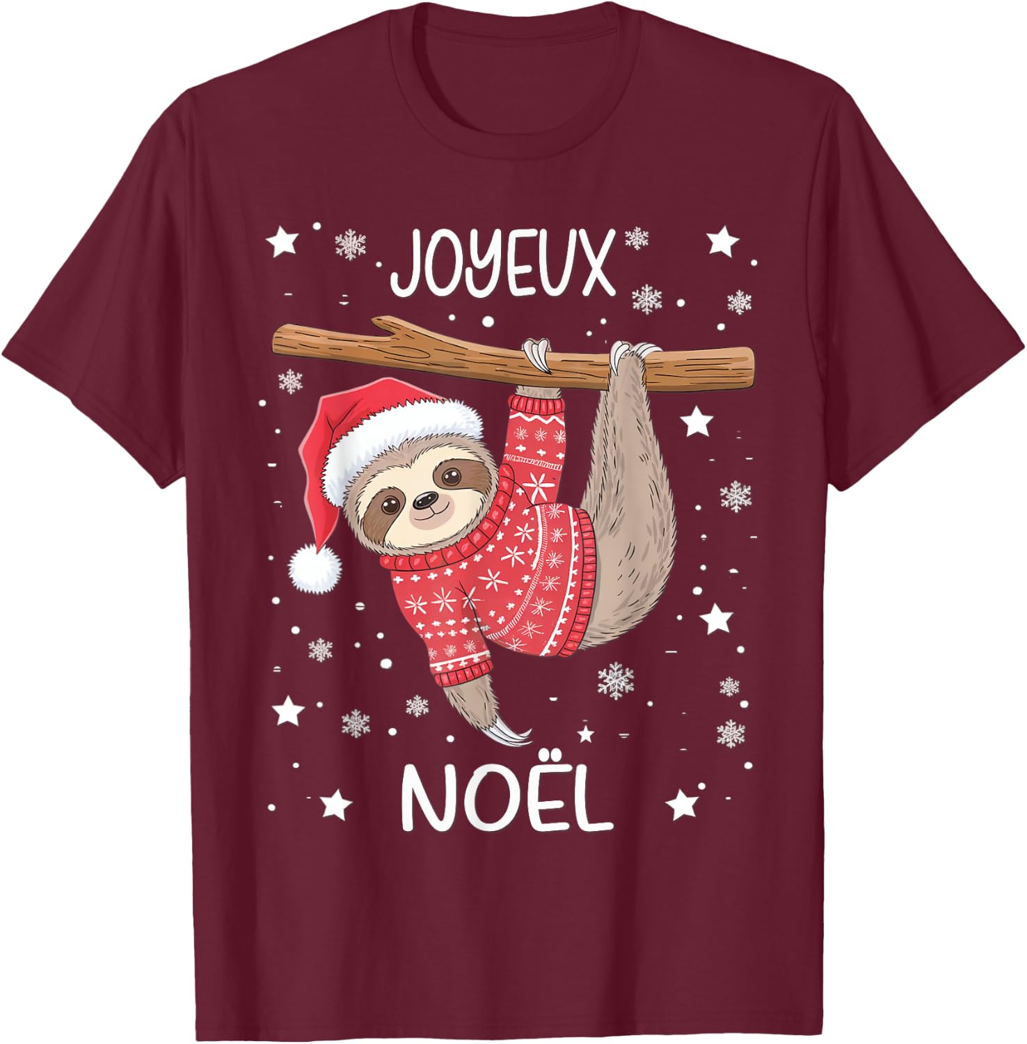 Joyeux Noël French Sloth Hanging Merry Christmas T-Shirt - T-Shirt | Maroon