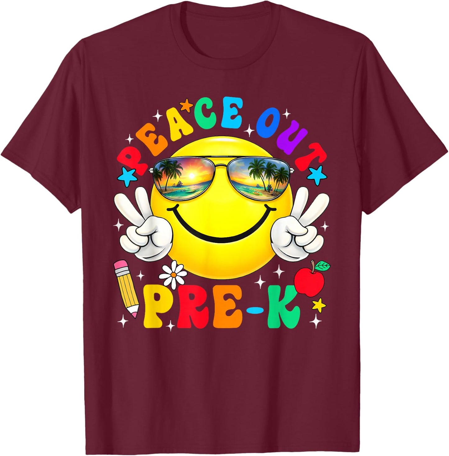 Peace Out Pre-K Last Day of School Groovy Smile Face T-Shirt - T-Shirt | Maroon