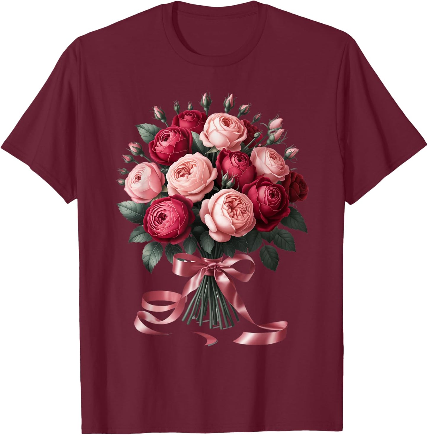 Blushing Rose Bouquet with Delicate Pink Ribbon T-Shirt - T-Shirt | Maroon