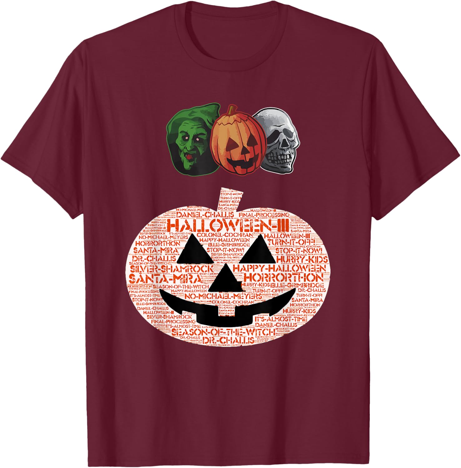Halloween III Masks and Pumpkin T-Shirt - T-Shirt | Maroon