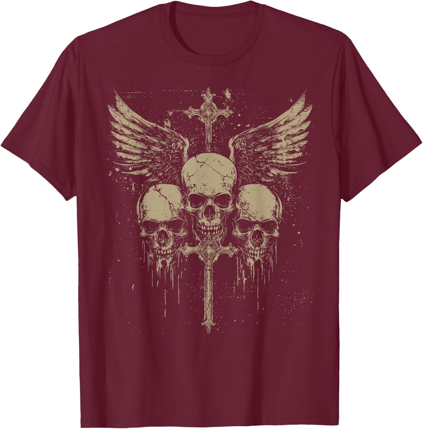 Skull Cross Y2K Grunge Aesthetic Old Goth Skull Cross Gothic , black T-Shirt - T-Shirt | Maroon