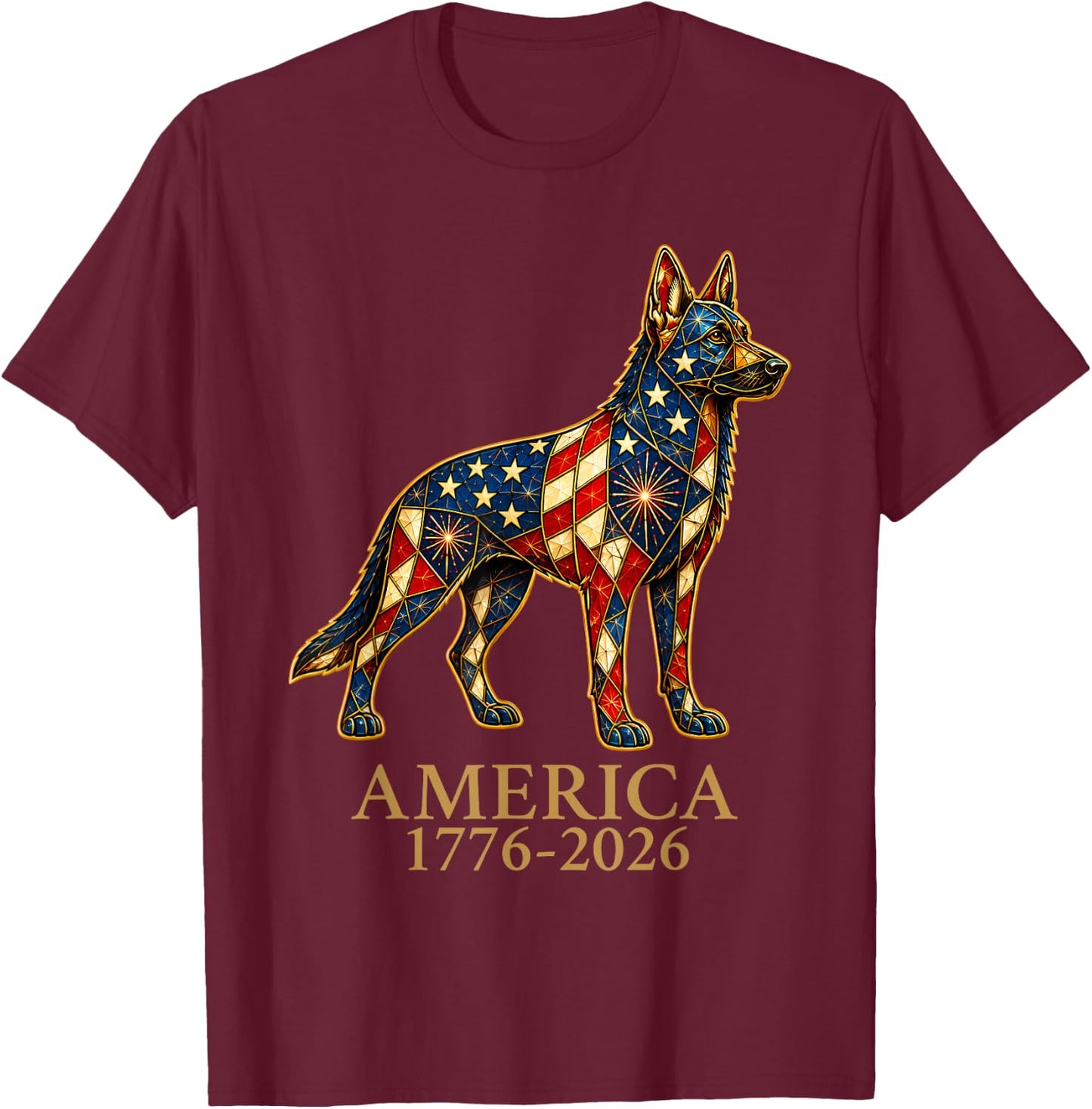 America 1776-2026 German Shepherd Patriotic US Flag USA T-Shirt - T-Shirt | Maroon