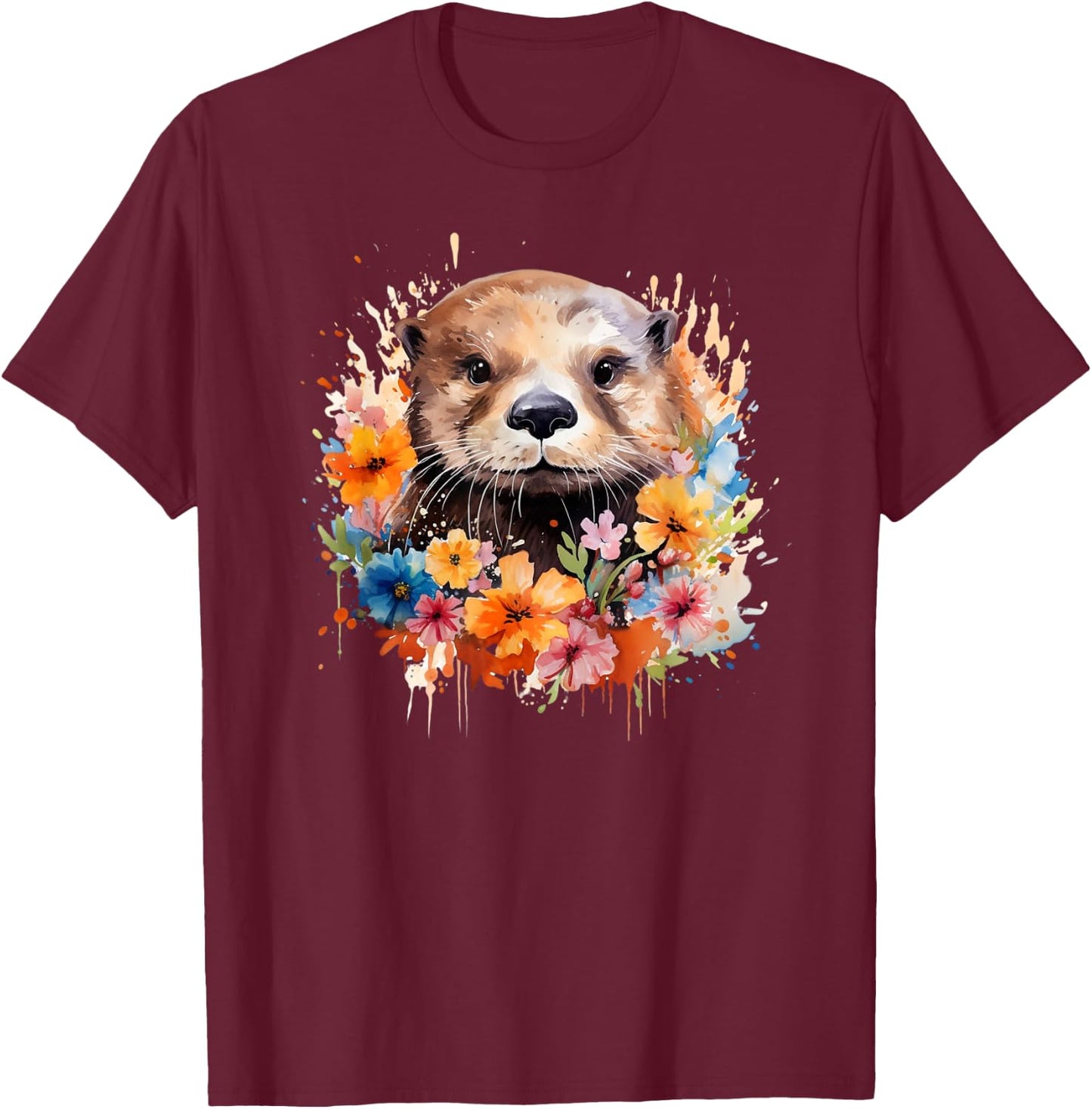 Floral Otter Face Watercolor Painting Sea Otter Portrait T-Shirt - T-Shirt | Maroon