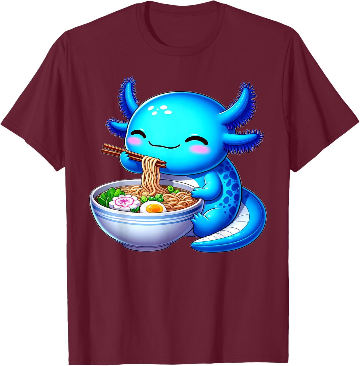 Anime Kawaii Axolotl Food Ramen Noodles Kids Teen Girls Boy , black T-Shirt - T-Shirt | Maroon