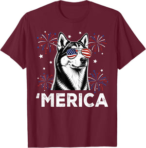 Siberian Husky Dog 'Merica Patriotic 4th of July USA Flag T-Shirt - T-Shirt | Maroon