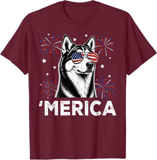 Siberian Husky Dog 'Merica Patriotic 4th of July USA Flag T-Shirt - T-Shirt | Maroon