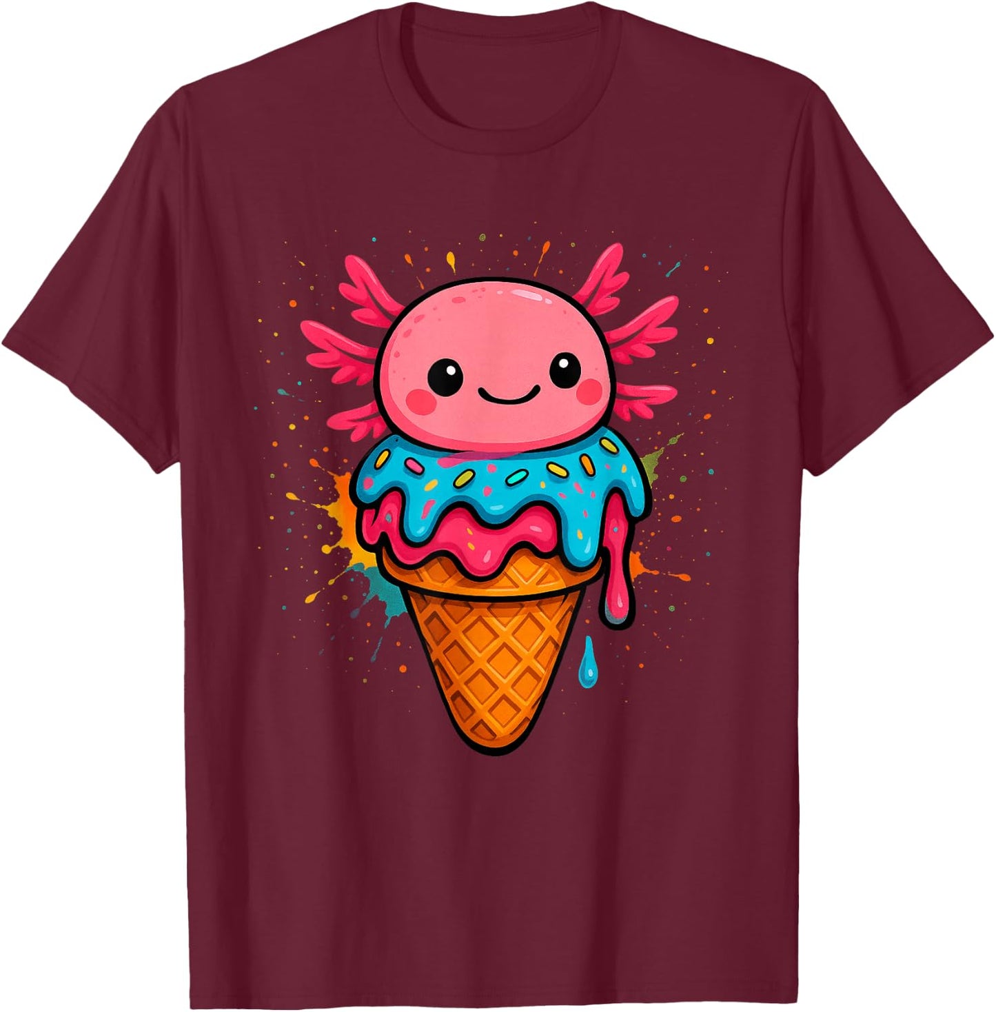 Axolotl Drip Ice Cream Cute Dripping T-Shirt - T-Shirt | Maroon
