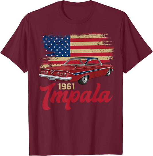 1961 61 Impala Old School Muscle Car American Flag T-Shirt - T-Shirt | Maroon