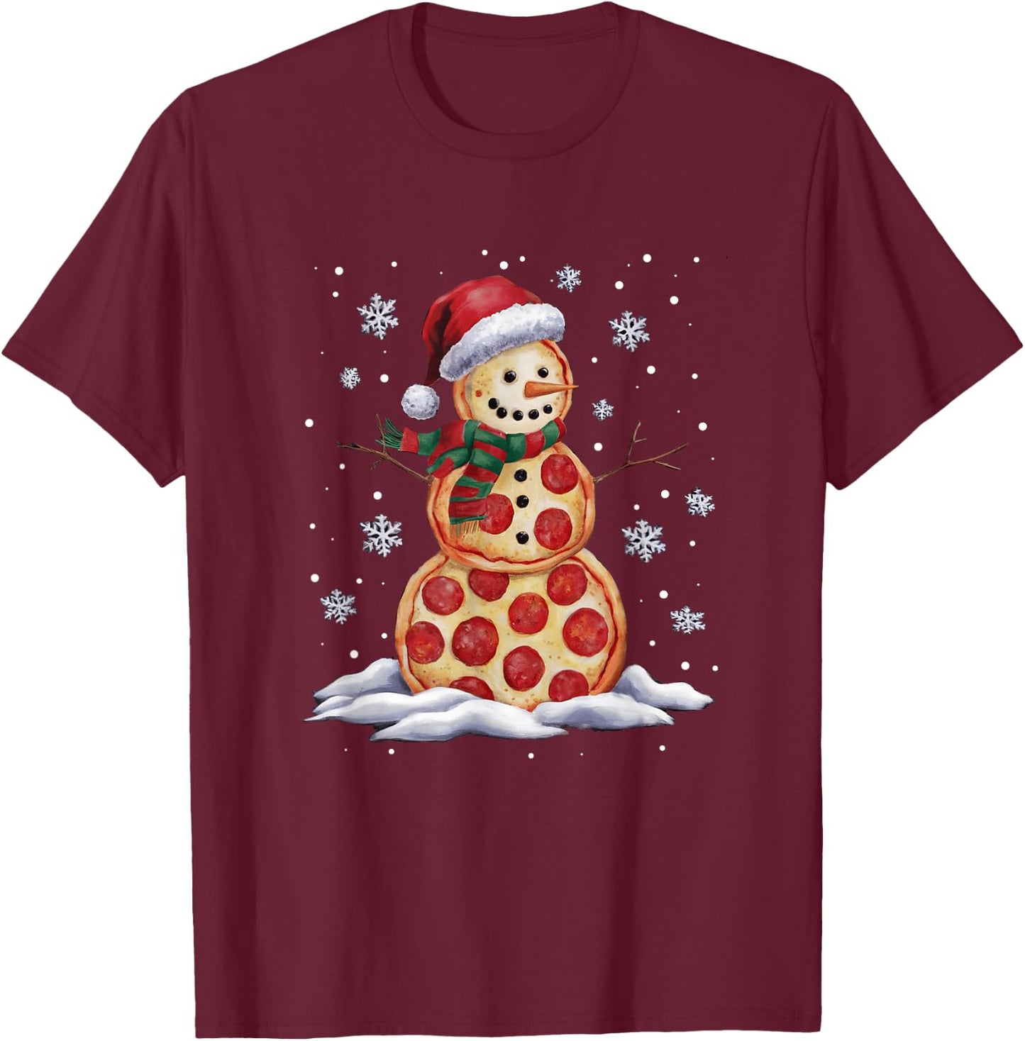 Pizza Snowman Santa Hat Christmas Pizza Party Funny Xmas T-Shirt - T-Shirt | Maroon