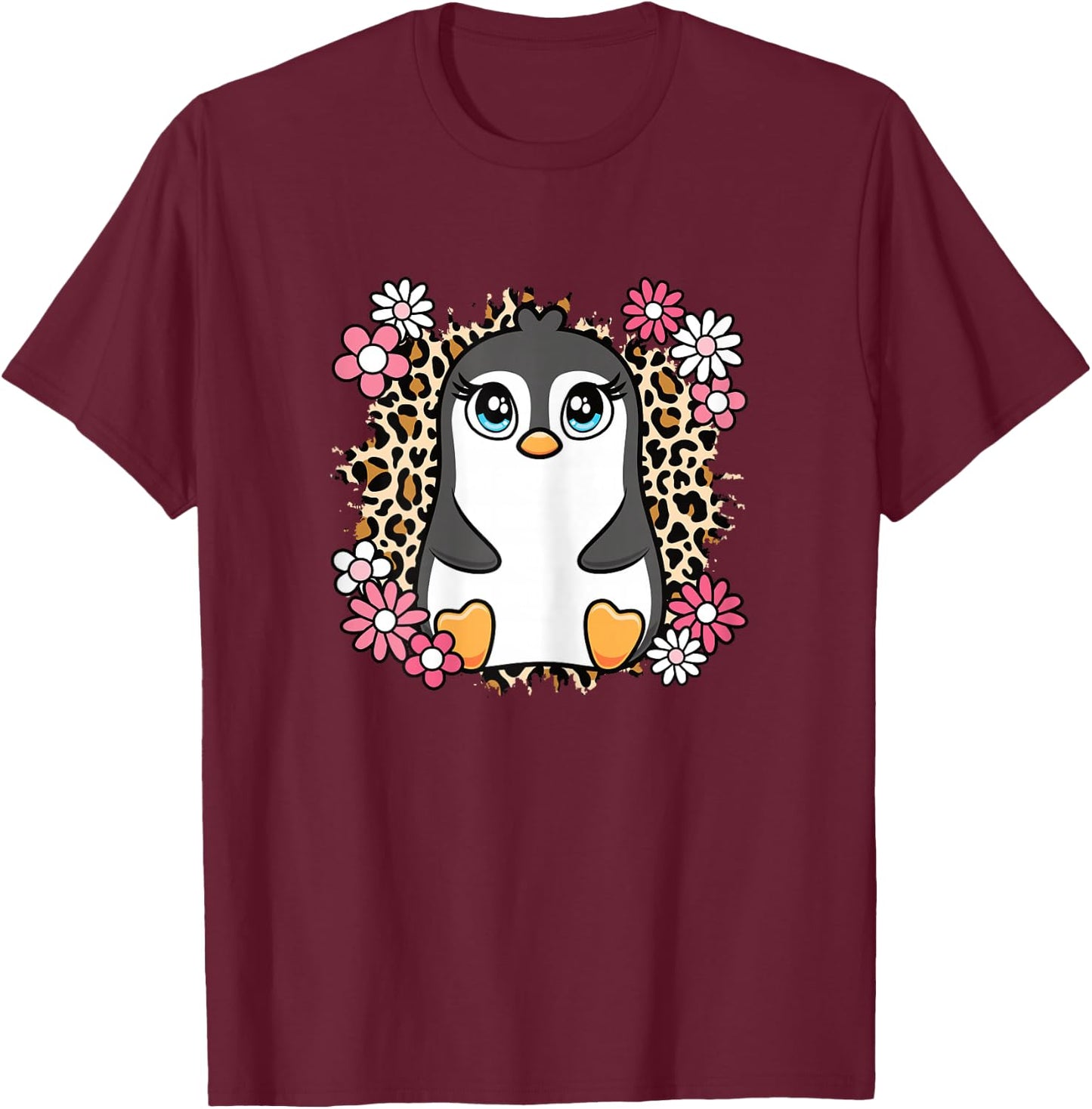 Cute Penguin Flowers Penguin Lover Women Girls Kids T-Shirt - T-Shirt | Maroon
