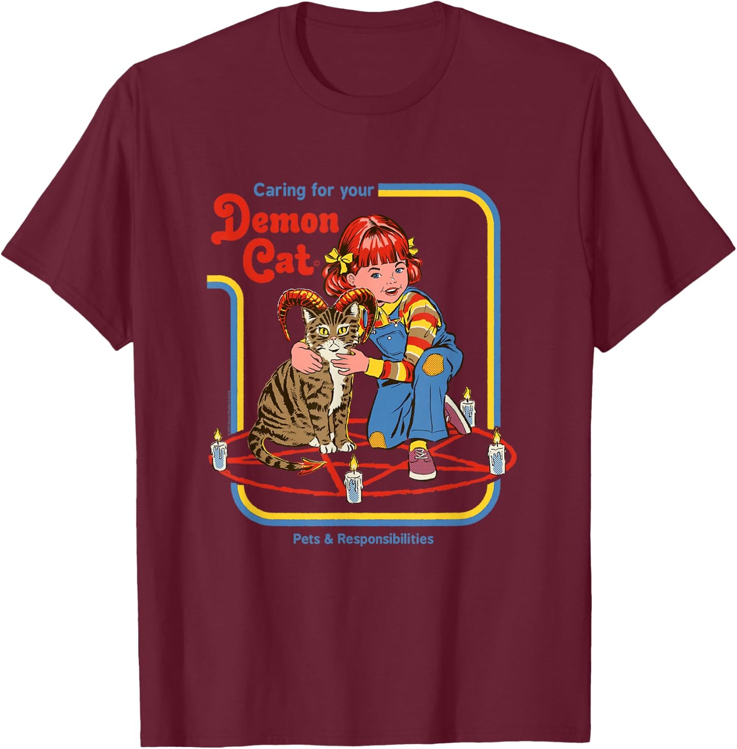 Steven Rhodes Caring for Your Demon Cat Retro Dark Humor T-Shirt - T-Shirt | Maroon