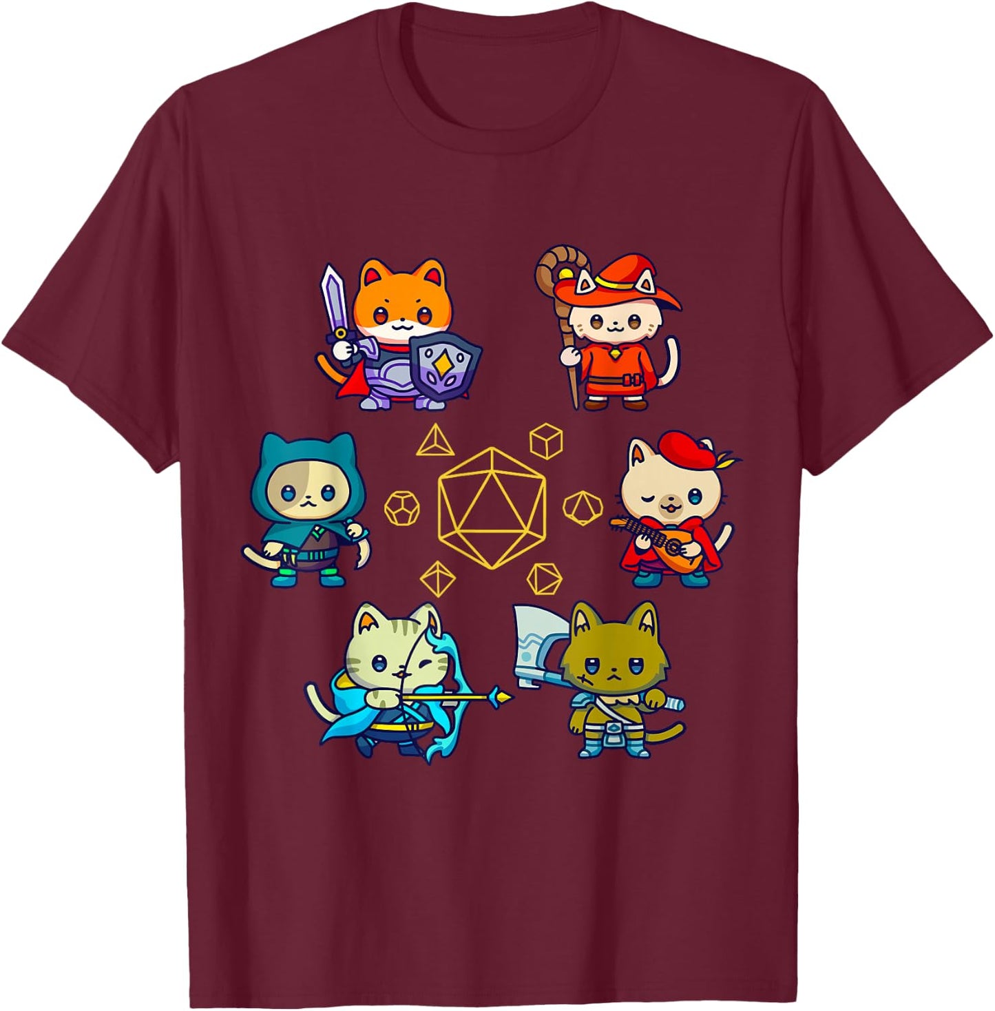 RPG Dice Game for Cat Nerdy D20 Gamer Geek Cats Men, Women, Children , Black, S T-Shirt - T-Shirt | Maroon