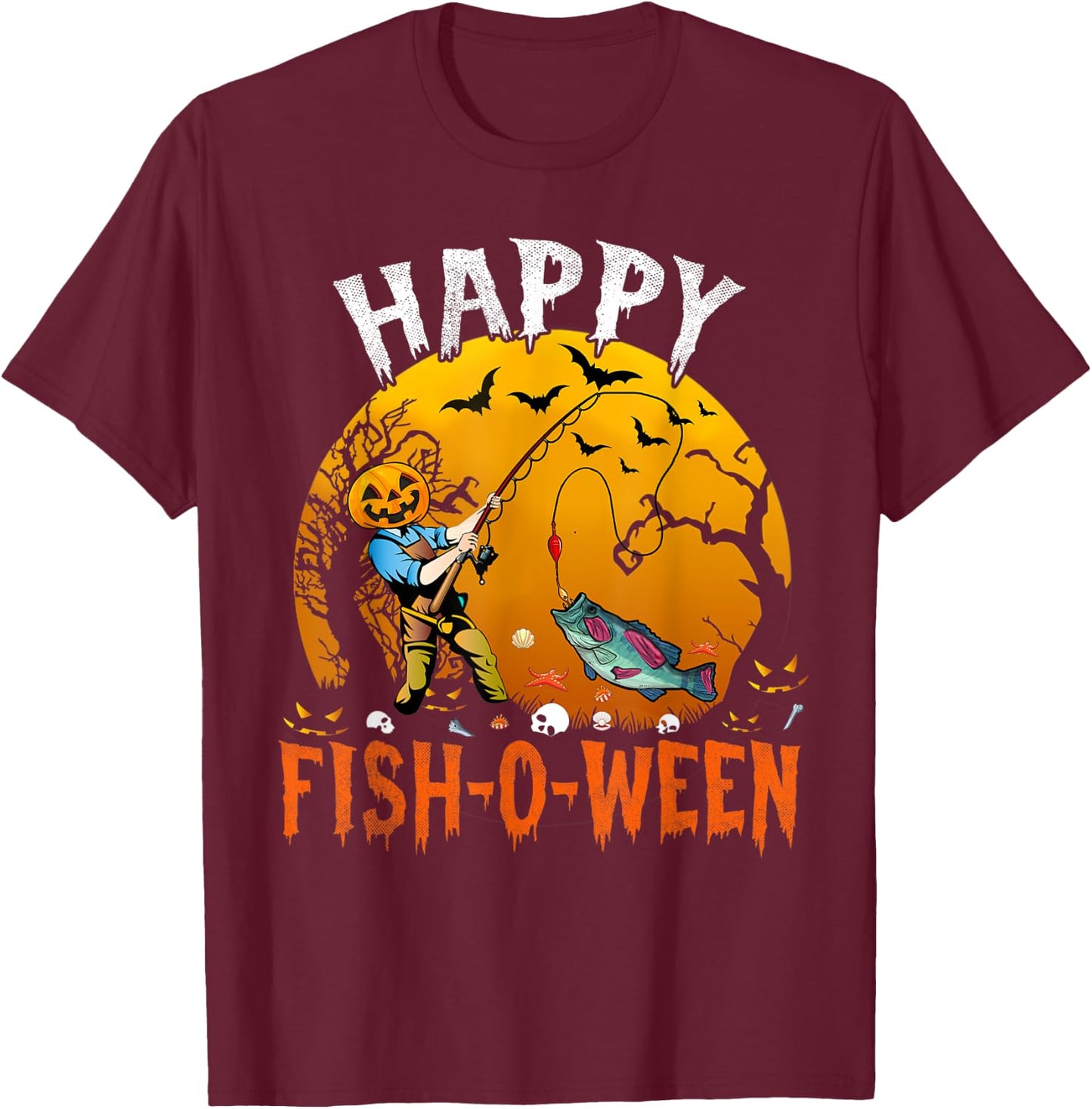 Happy Fish-o-ween Halloween Funny Fishing Fisherman Costume T-Shirt - T-Shirt | Maroon