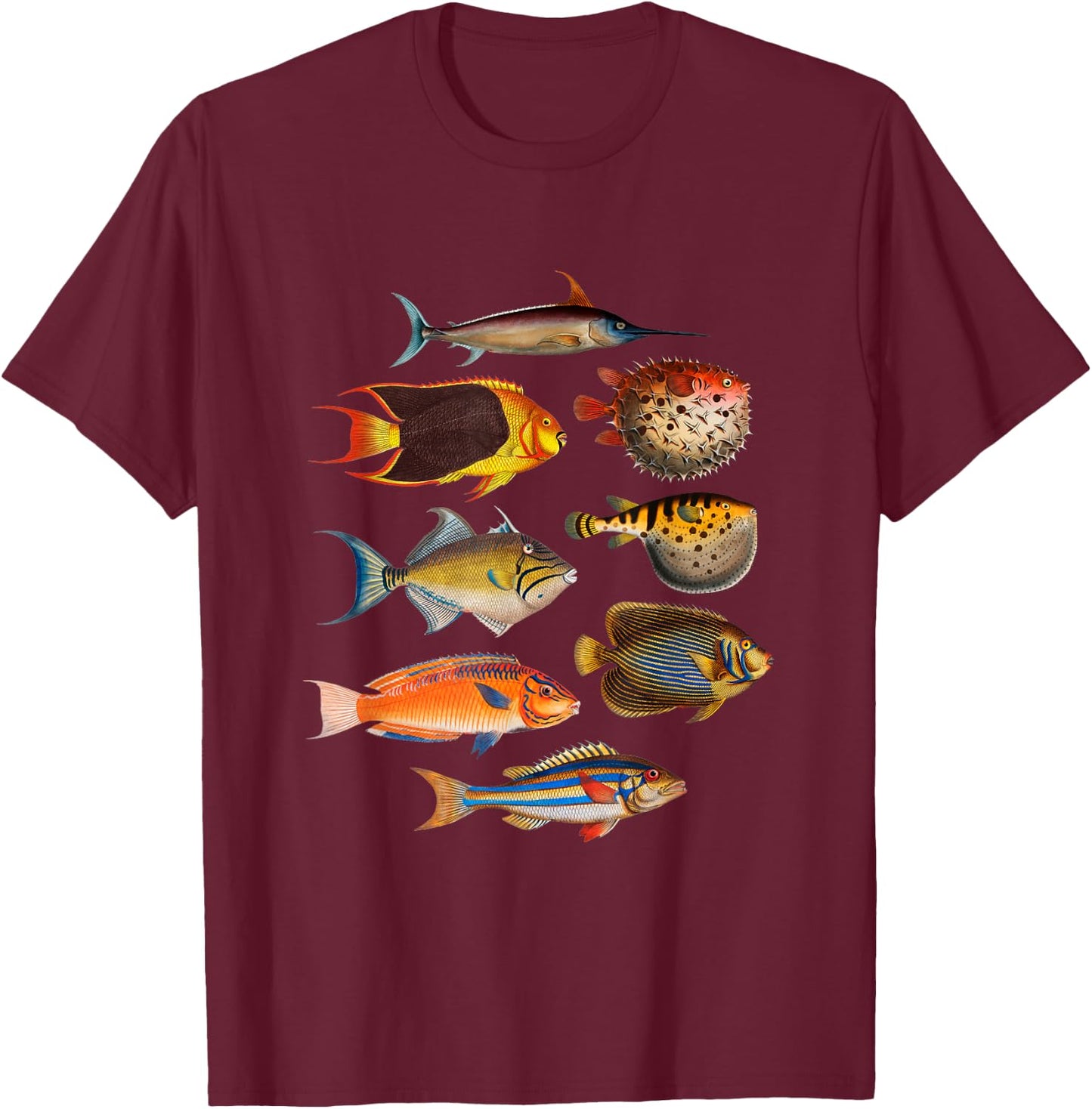 Ichthyology Fishes History Earth And Nature Sea Antique Art T-Shirt - T-Shirt | Maroon
