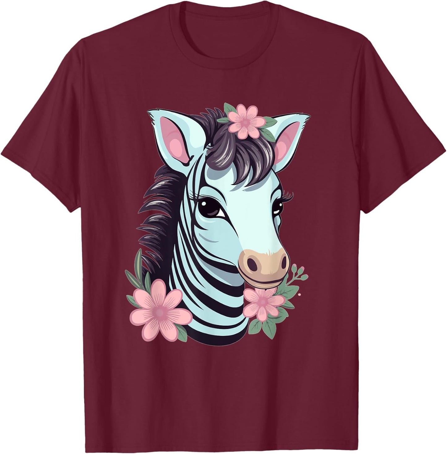 Cute Zebra With Flowers I Kids Zebra T-Shirt - T-Shirt | Maroon
