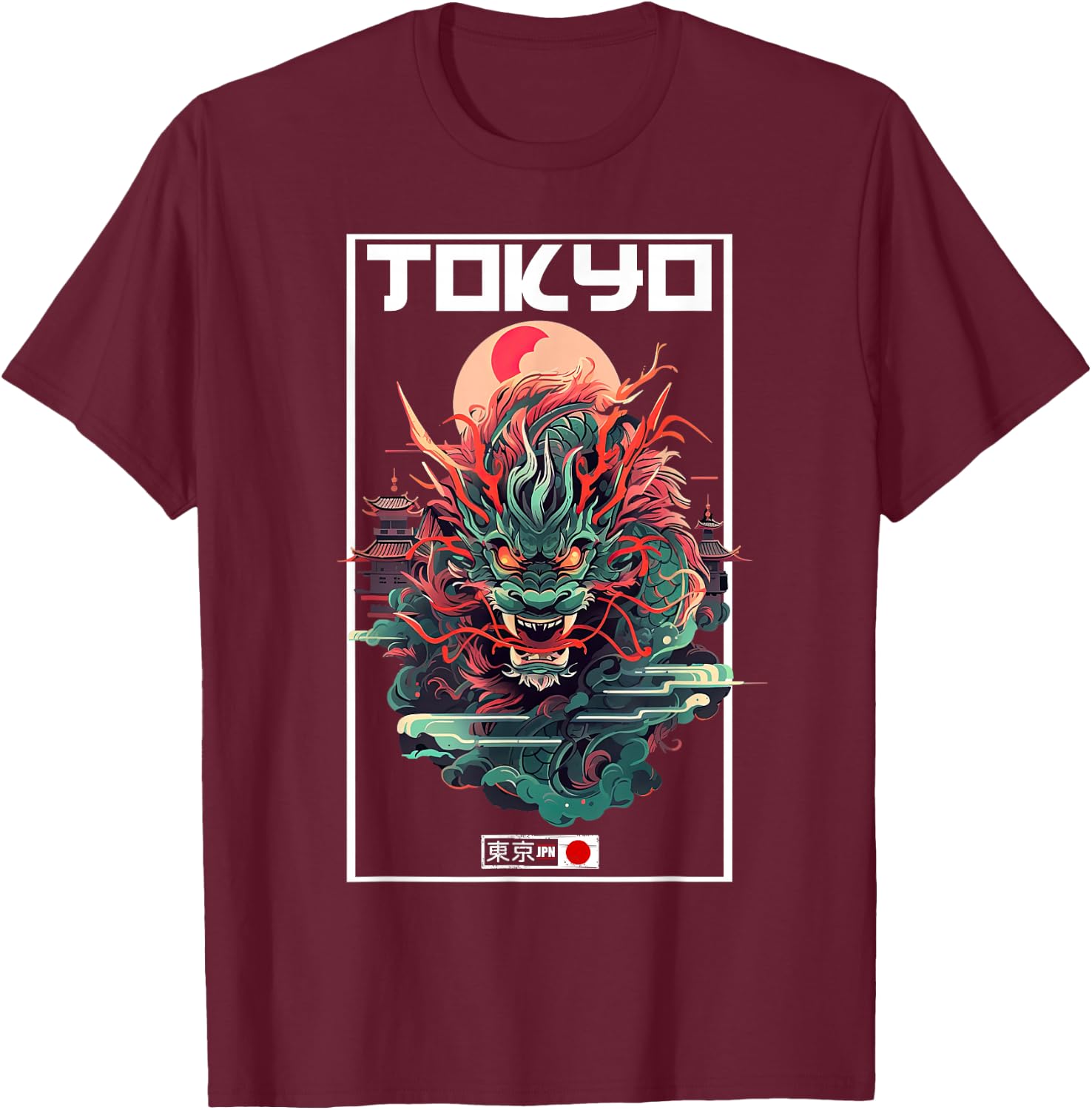 Asian inspired vintage style 80s retro Japanese Tokyo Dragon T-Shirt - T-Shirt | Maroon