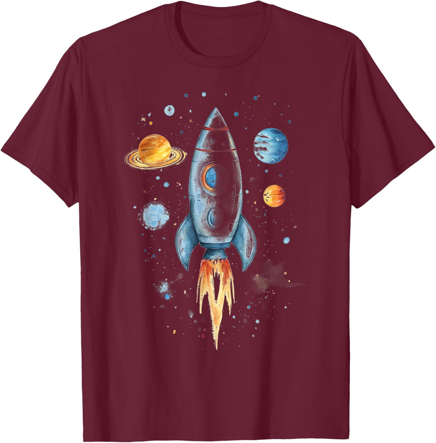 Distressed Rocket Ship And Planets T-Shirt - T-Shirt | Maroon