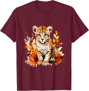 Cheetah Cub Spot Cat Autumn Baby Leopard Safari Watercolor T-Shirt - T-Shirt | Maroon