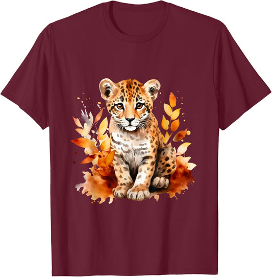 Cheetah Cub Spot Cat Autumn Baby Leopard Safari Watercolor T-Shirt - T-Shirt | Maroon