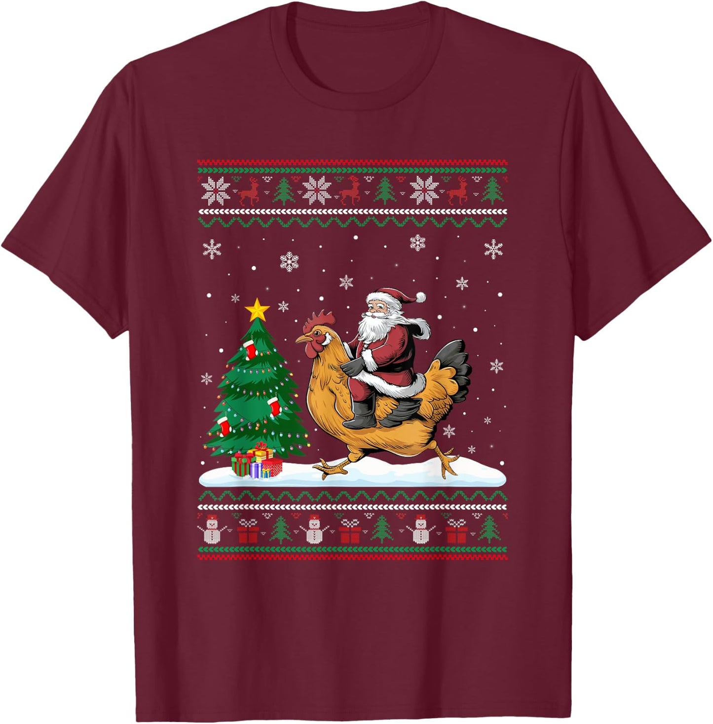 Ugly Christmas Tree Lights Xmas Santa Riding Chicken T-Shirt - T-Shirt | Maroon