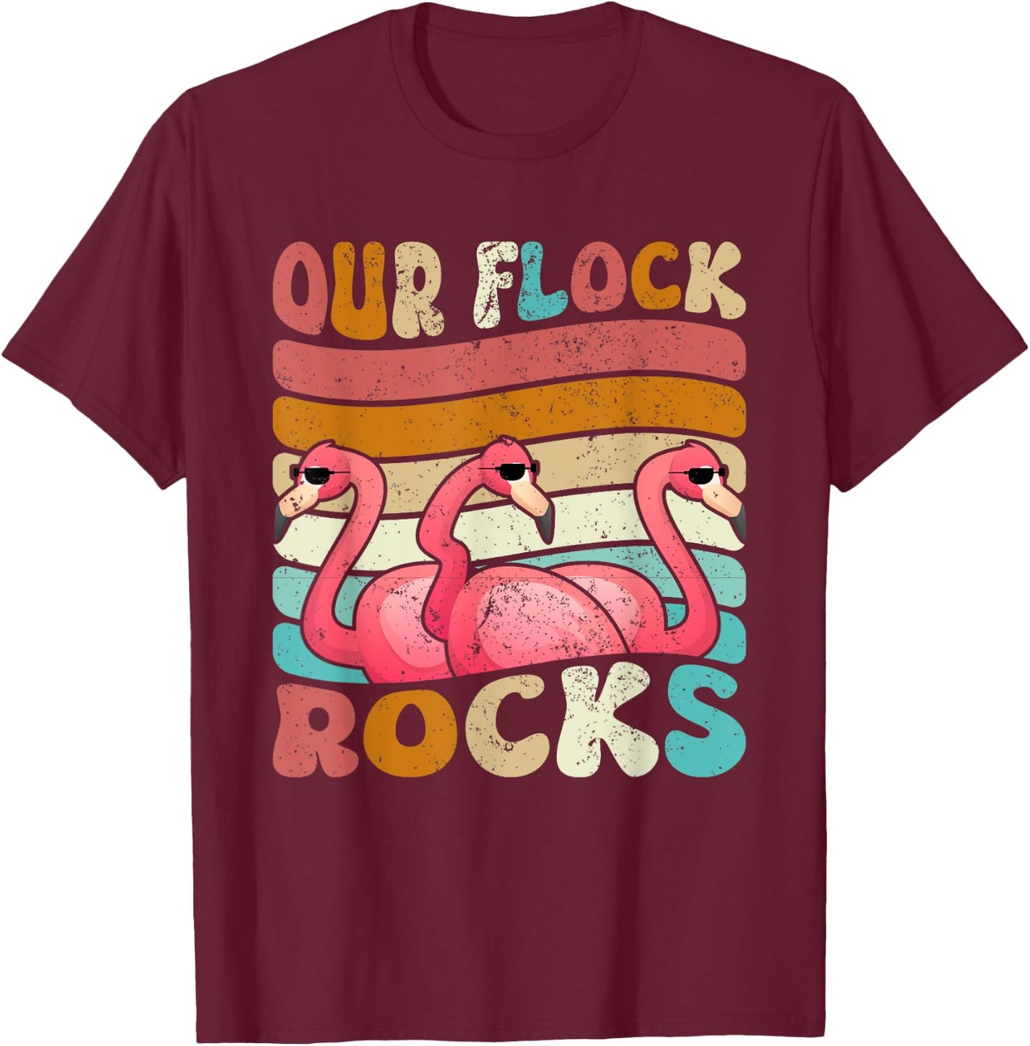 Our Flock Rocks Flamingo Matching Family Vacation T-Shirt - T-Shirt | Maroon
