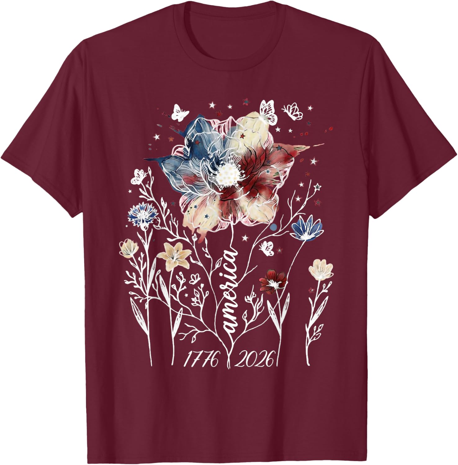 Vintage Americana Wildflower Floral 1776 2026 Patriotic T-Shirt - T-Shirt | Maroon
