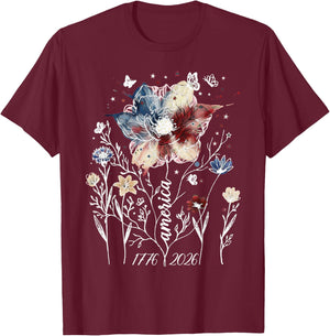 Vintage Americana Wildflower Floral 1776 2026 Patriotic T-Shirt - T-Shirt | Maroon