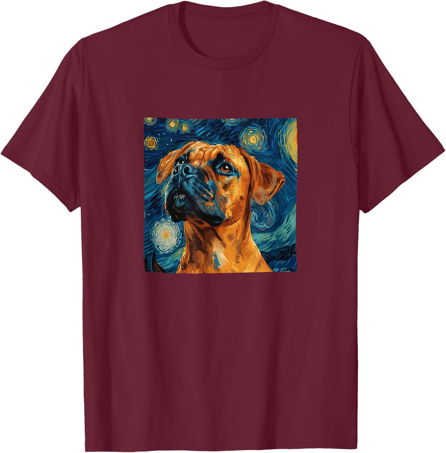 Boxer Dog Starry Night Van Gogh Style Graphic T-Shirt - T-Shirt | Maroon