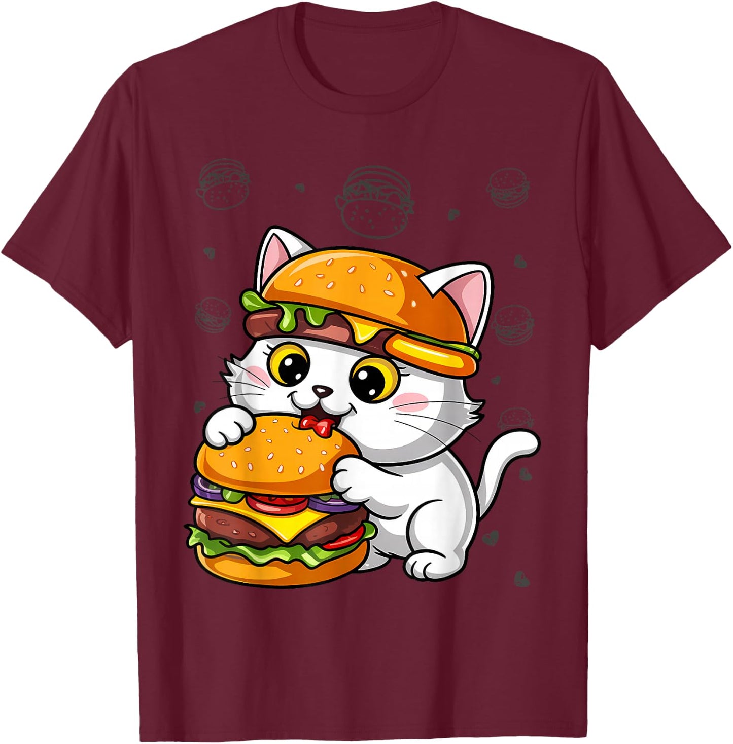 Quirky Cat Hamburger Cheeseburger Fast Food Hat T-Shirt - T-Shirt | Maroon