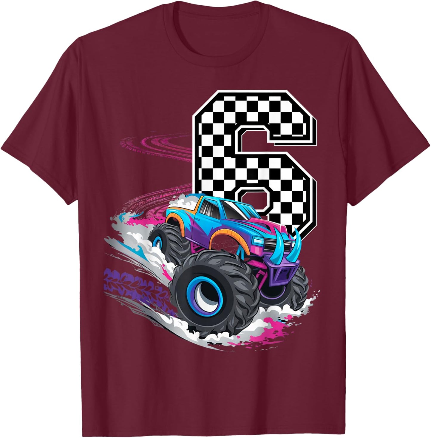 6th Birthday Monster Truck Boys 6 Six racing car flag Kids T-Shirt - T-Shirt | Maroon