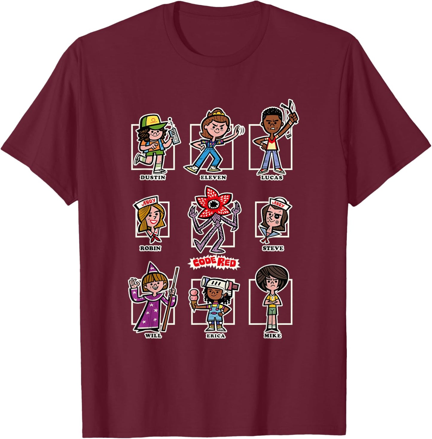 Stranger Things The Party Group Chibi Vintage Code Red Icons T-Shirt - T-Shirt | Maroon