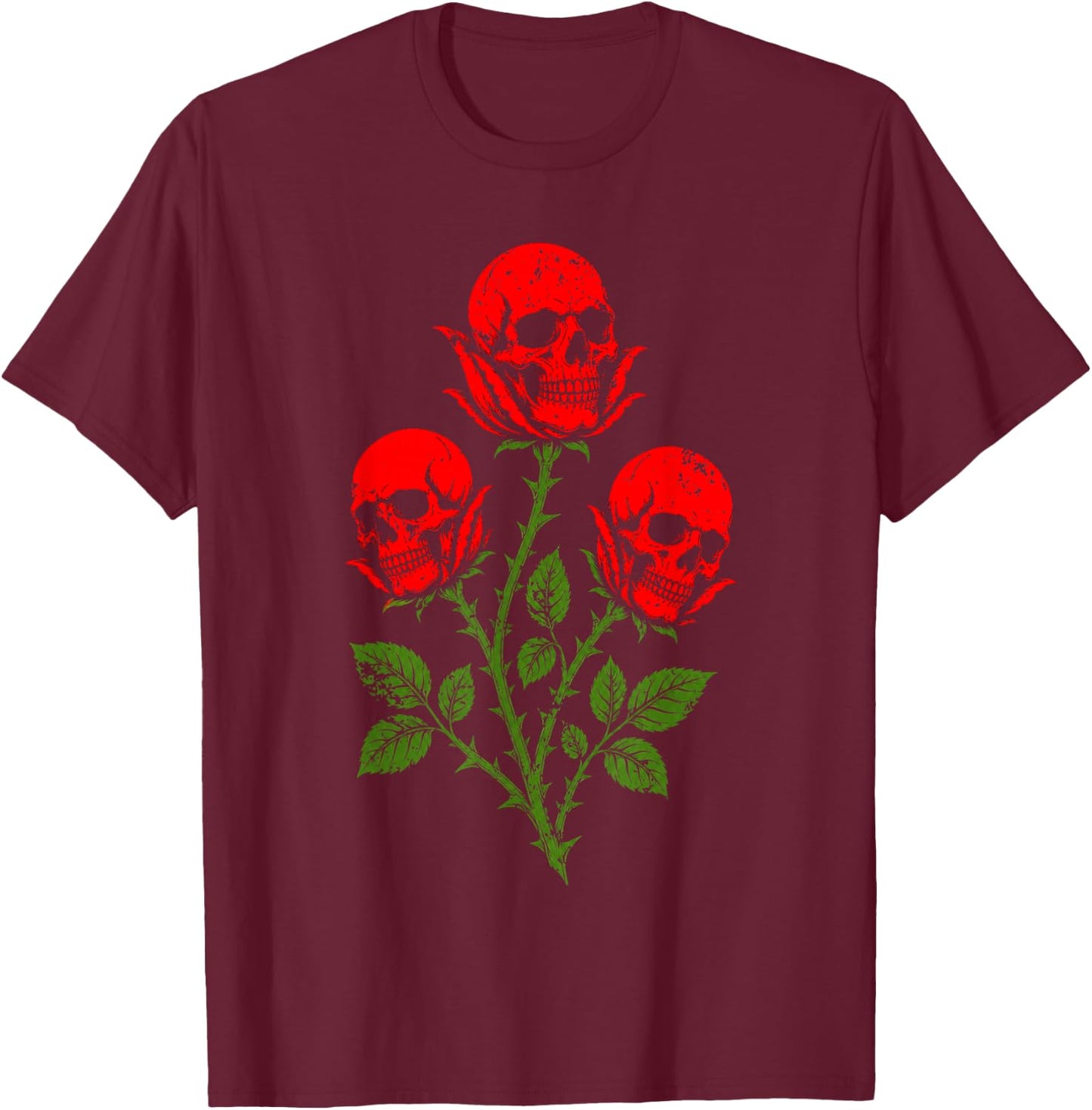 Dark Skull Red Roses Vintage Horror Grunge Aesthetic T-Shirt - T-Shirt | Maroon