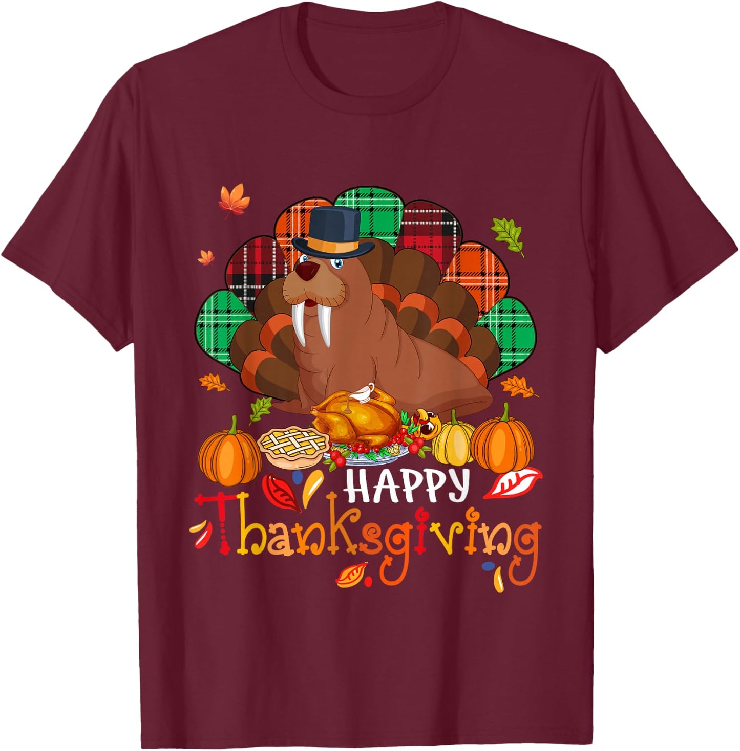Happy Thanksgiving Cute Walrus Cosplay Turkey With Dinner T-Shirt - T-Shirt | Maroon