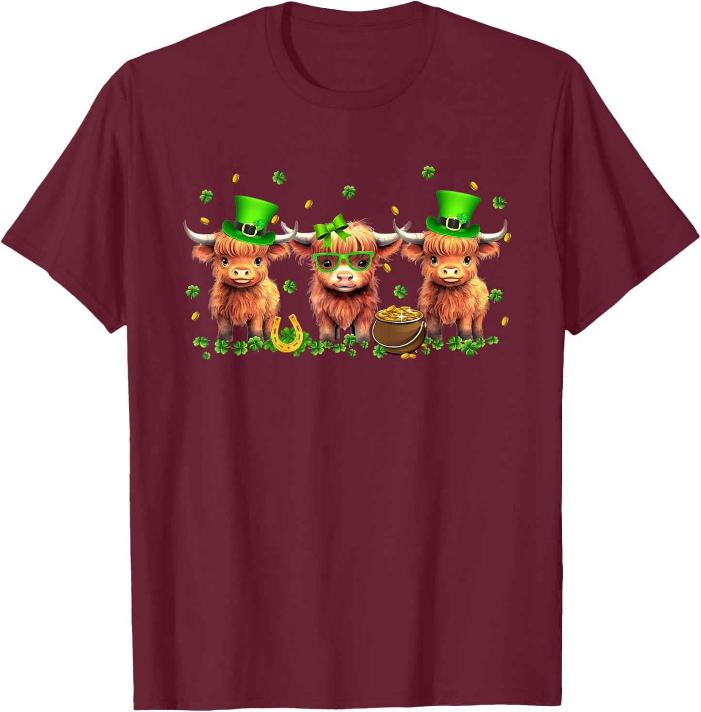 Highland Cow Print St Patricks Day Shamrock Irish Holiday T-Shirt - T-Shirt | Maroon