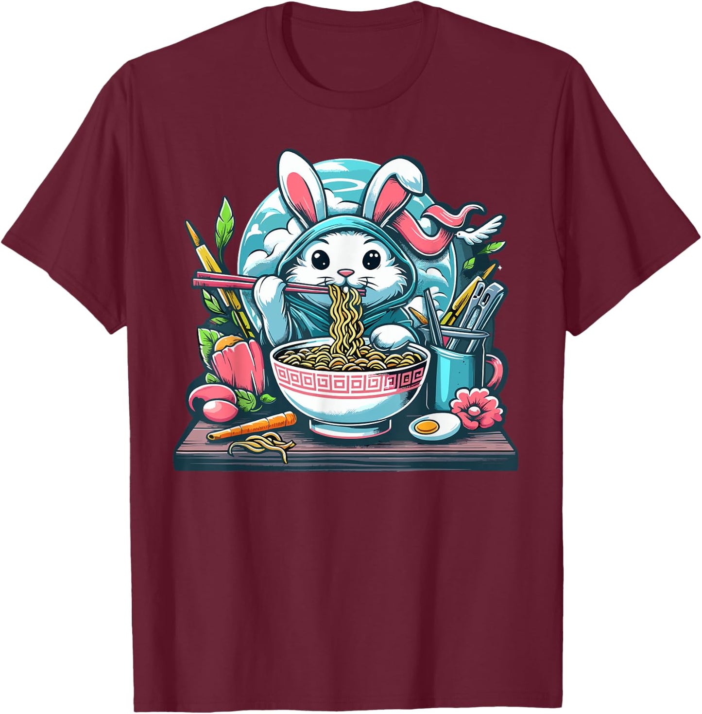 Easter Bunny Anime Eating Ramen Noodles Kawaii Rabbit T-Shirt - T-Shirt | Maroon