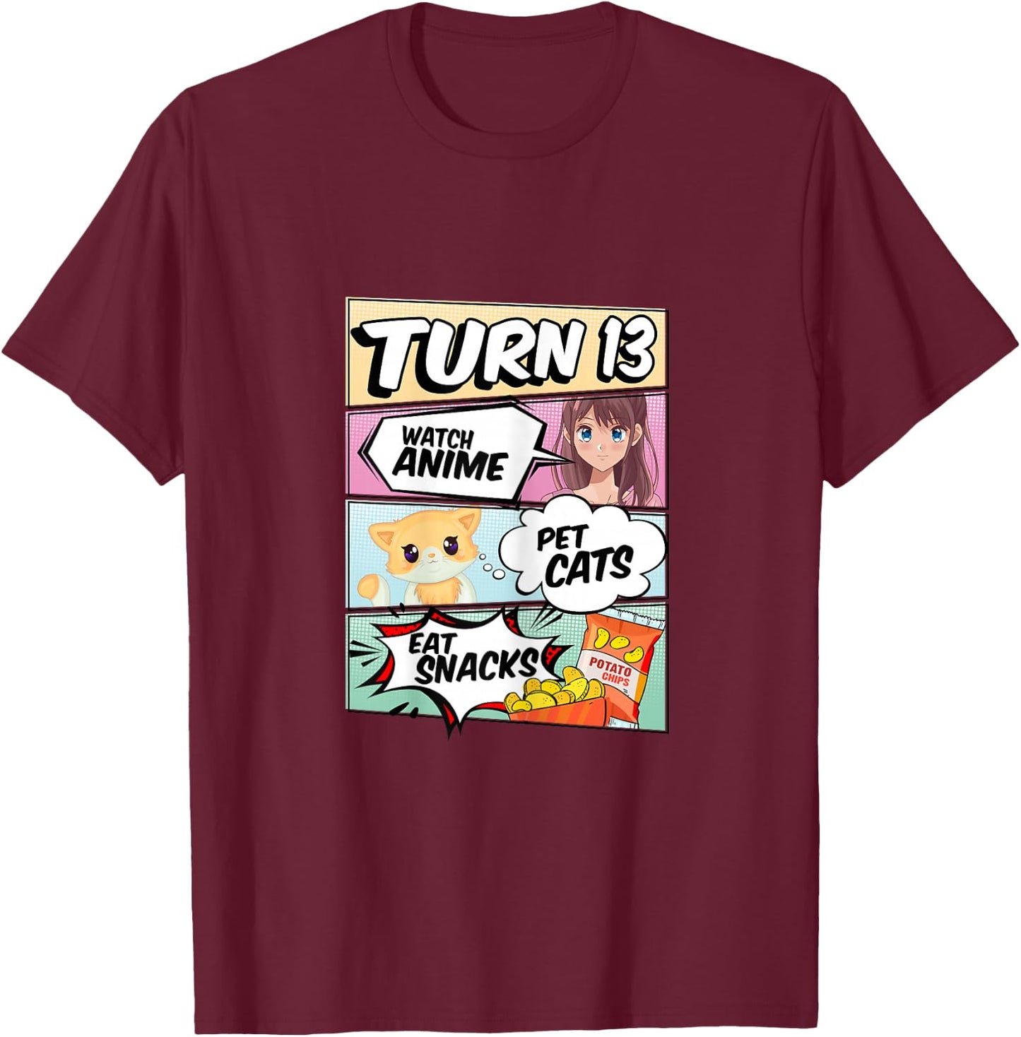 13th Birthday Anime Girl turns 13 pet cats watch anime T-Shirt - T-Shirt | Maroon