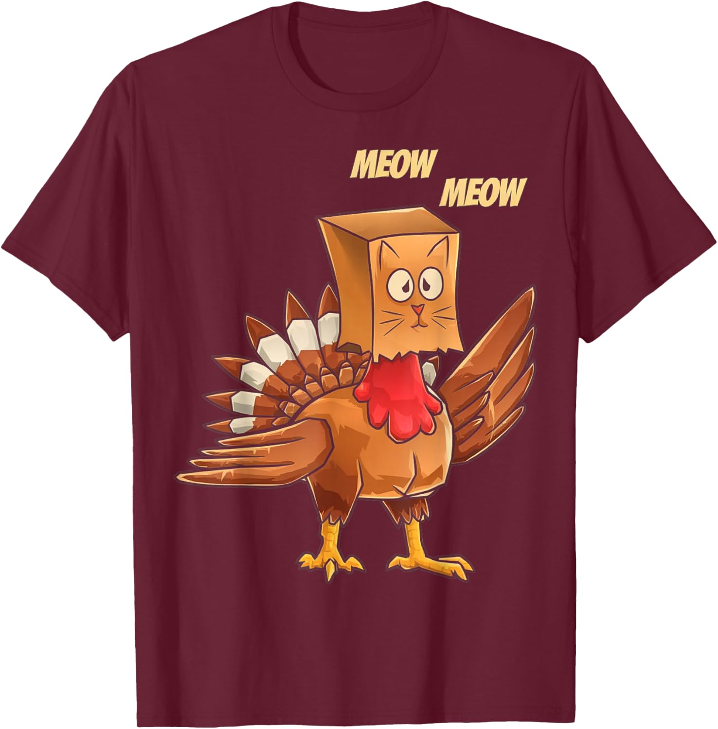 Thanksgiving Turkey Masked Cat Meow Funny Thanksgiving T-Shirt - T-Shirt | Maroon