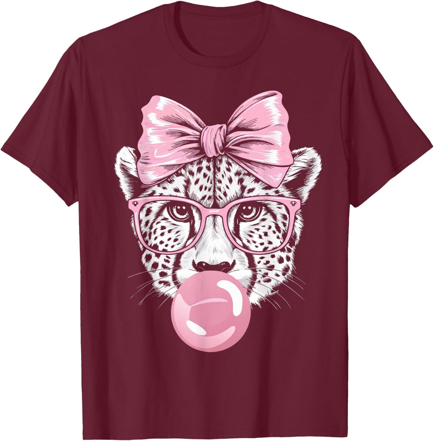 Cheetah Wearing Glasses and Blowing Pink Bubble Gum T-Shirt - T-Shirt | Maroon