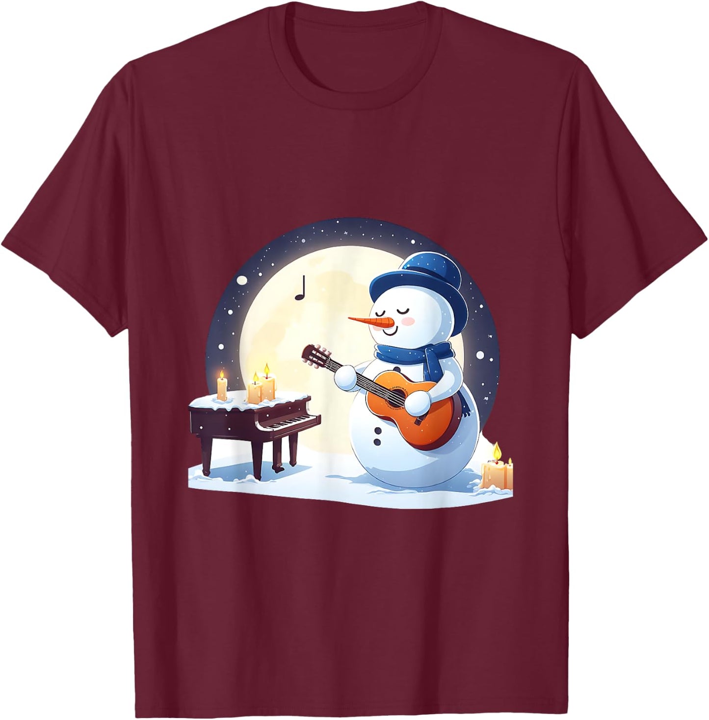 Snowman Playing Guitar Under the Moonlight T-Shirt - T-Shirt | Maroon