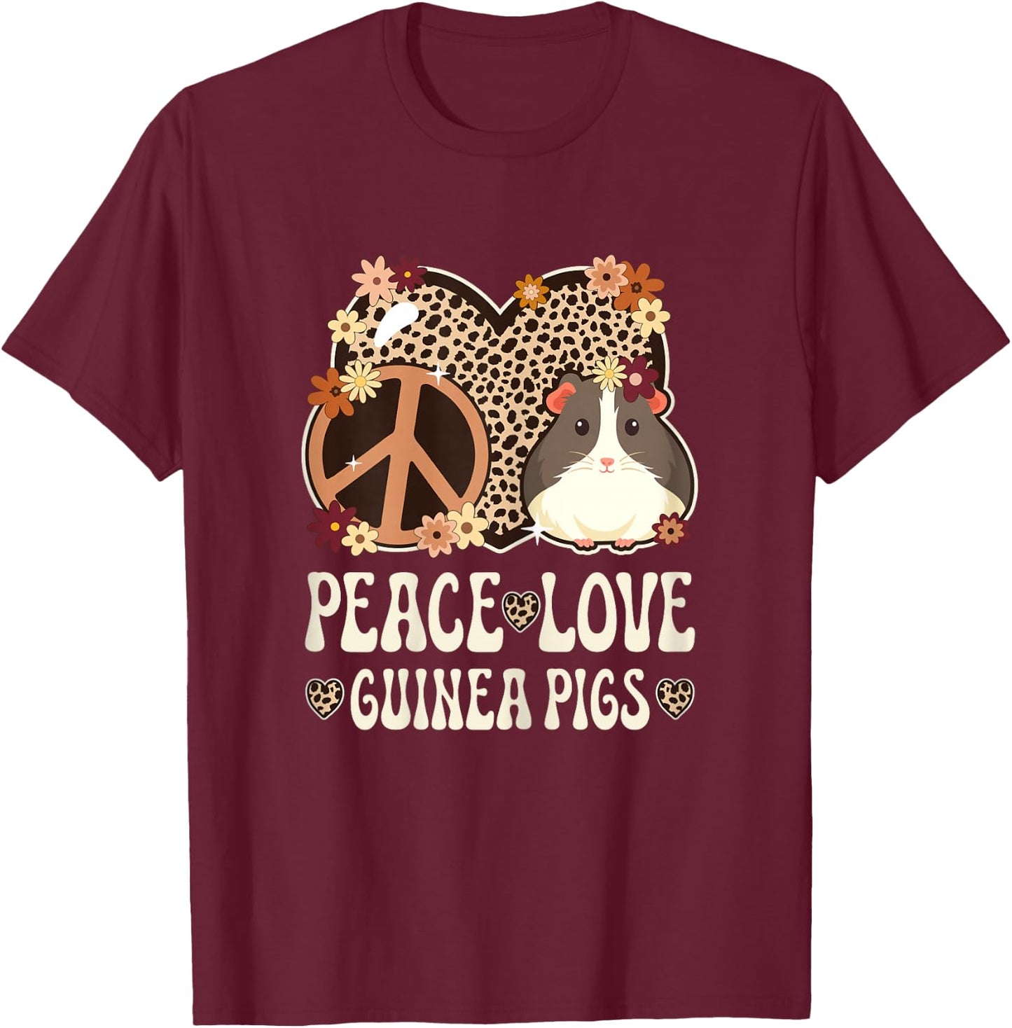 Peace Love Guinea Pigs Cheetah Print Women Guinea Pig Lover T-Shirt - T-Shirt | Maroon