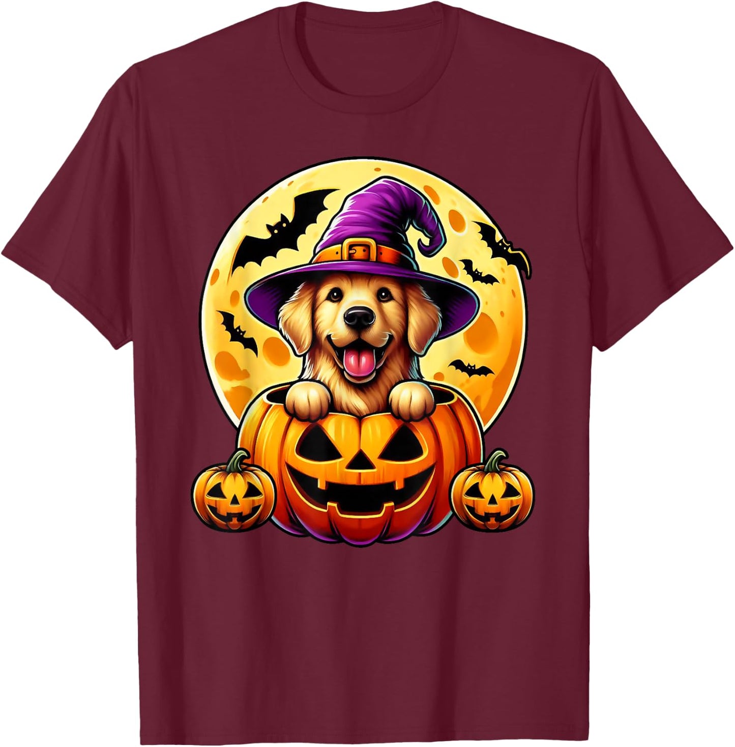 Halloween Golden Retriever Witch Hat Pumpkin Dog Lover T-Shirt - T-Shirt | Maroon