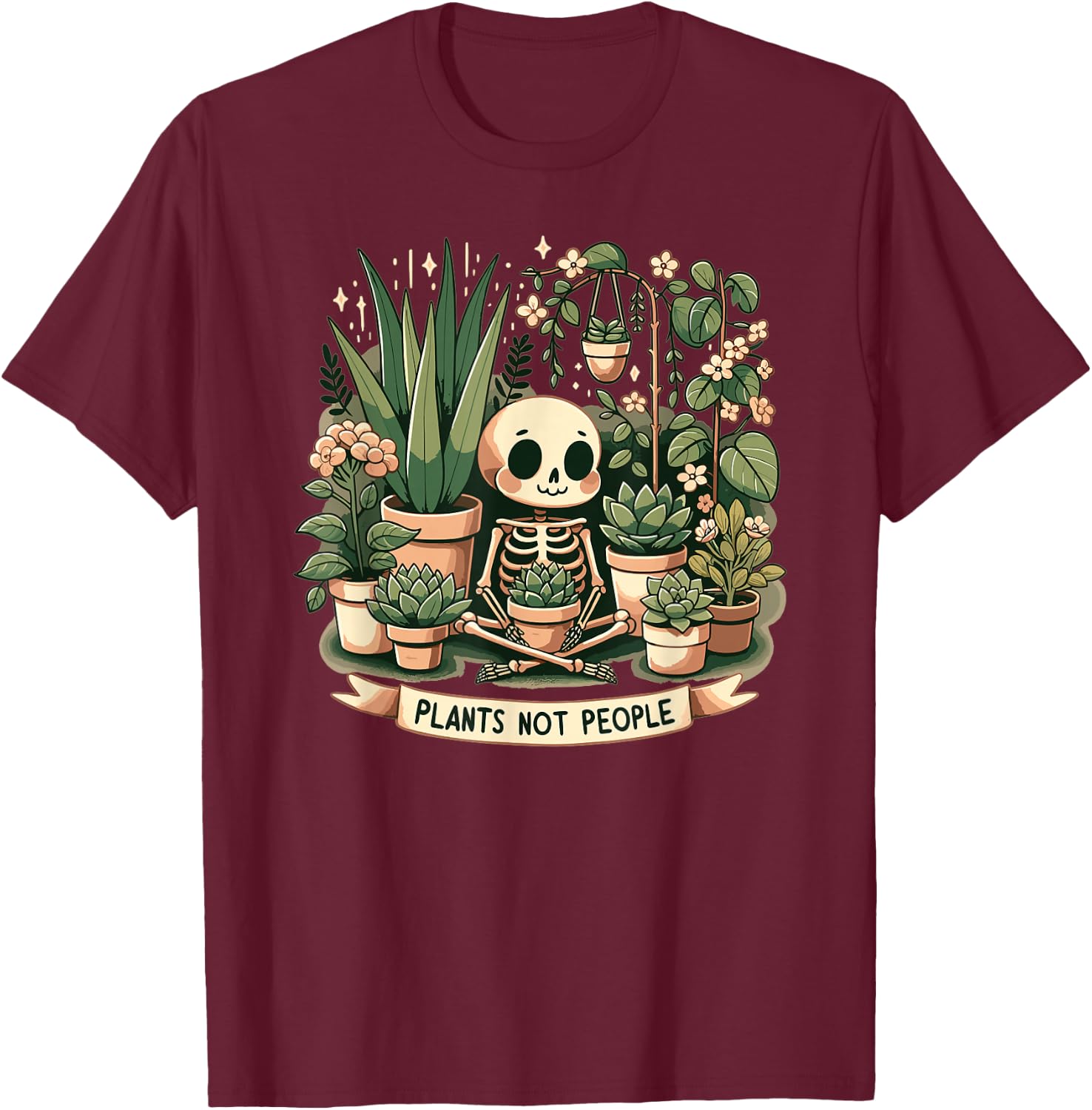 with Plant Lovers Skeleton Design - Plants Not People, black T-Shirt - T-Shirt | Maroon