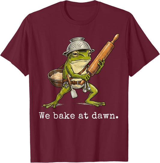 Whimsical We Bake at Dawn Funny Baker Frog Cute Kitchen T-Shirt - T-Shirt | Maroon