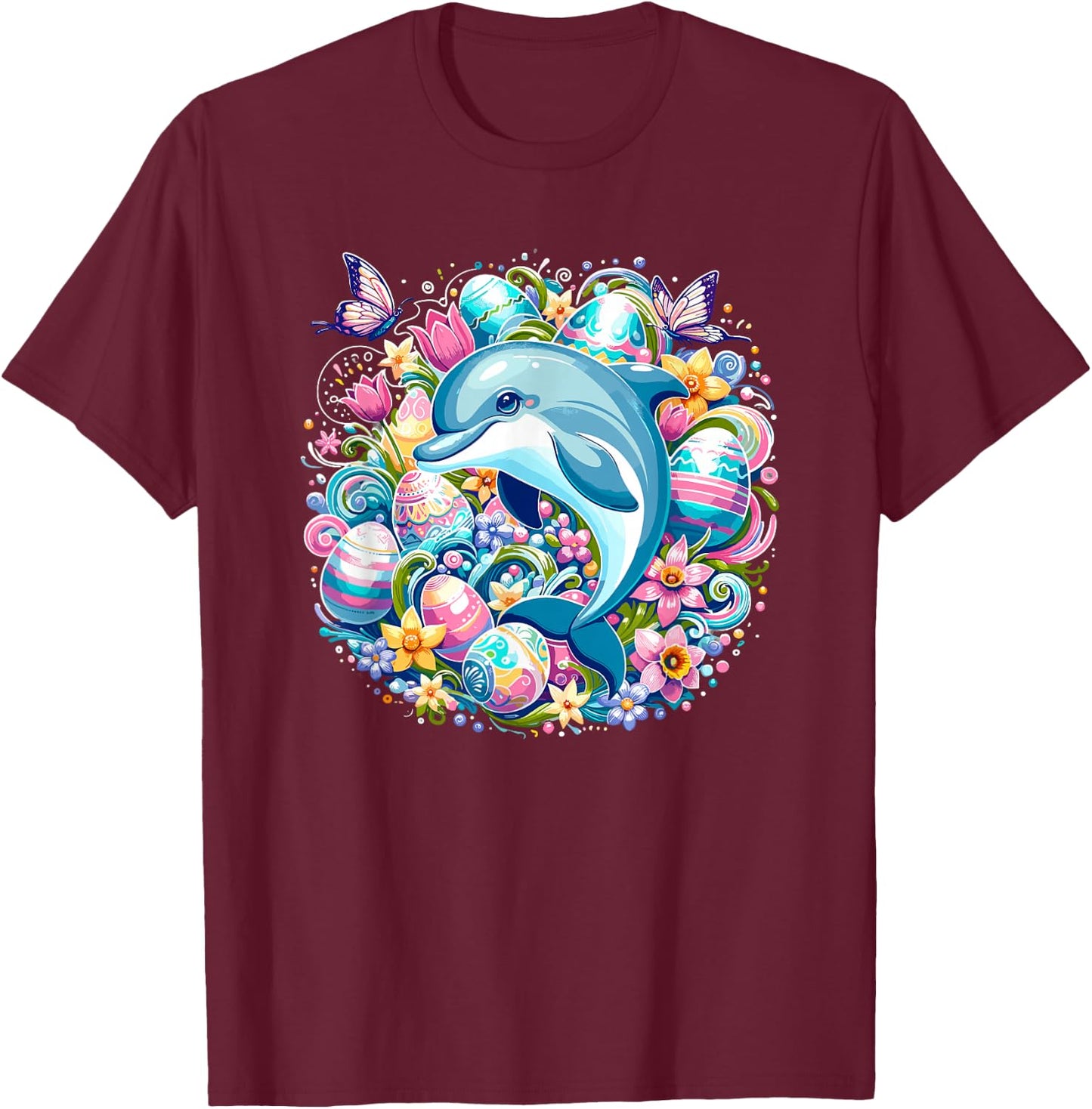 Easter Festive Illustration With Charming Dolphin Artwork T-Shirt - T-Shirt | Maroon