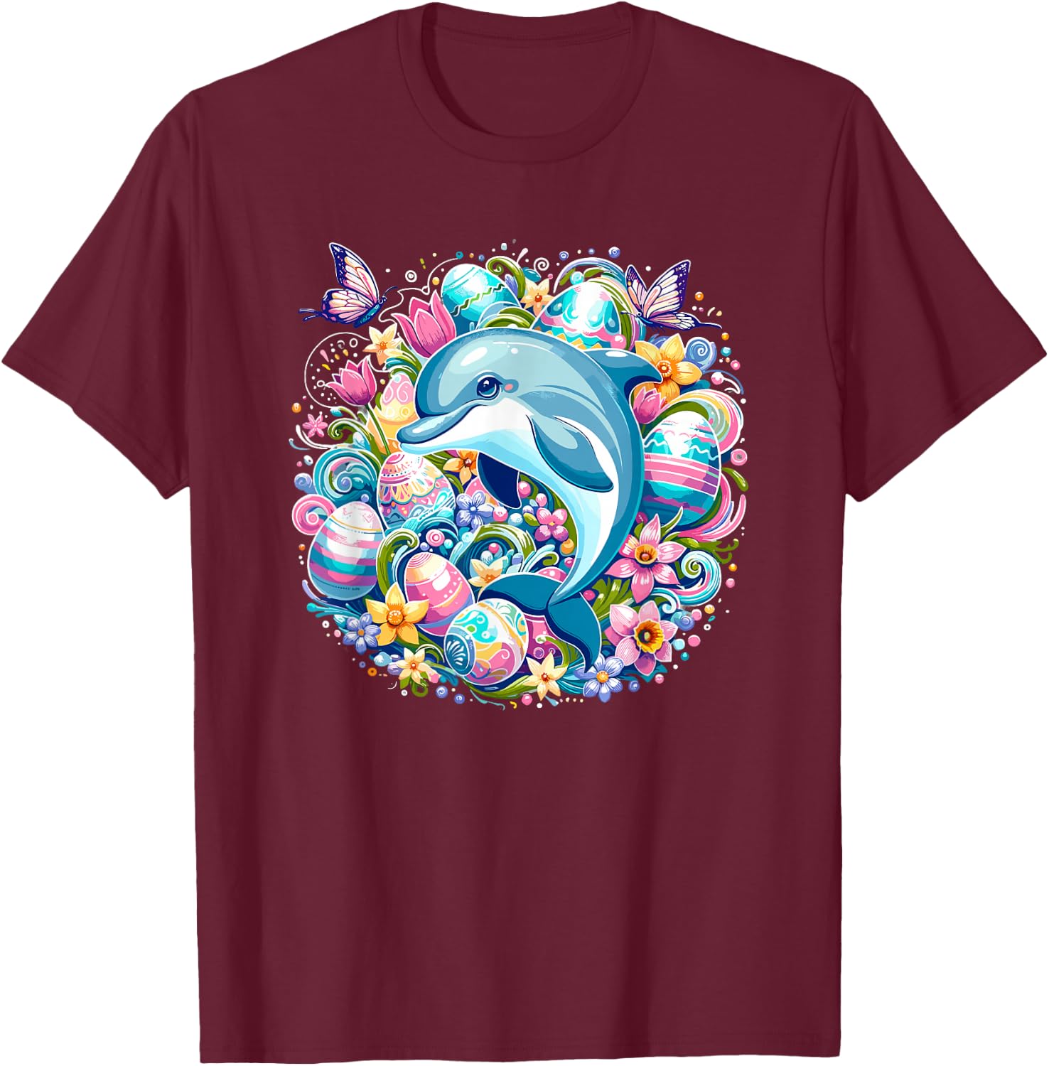 Easter Festive Illustration With Charming Dolphin Artwork T-Shirt - T-Shirt | Maroon