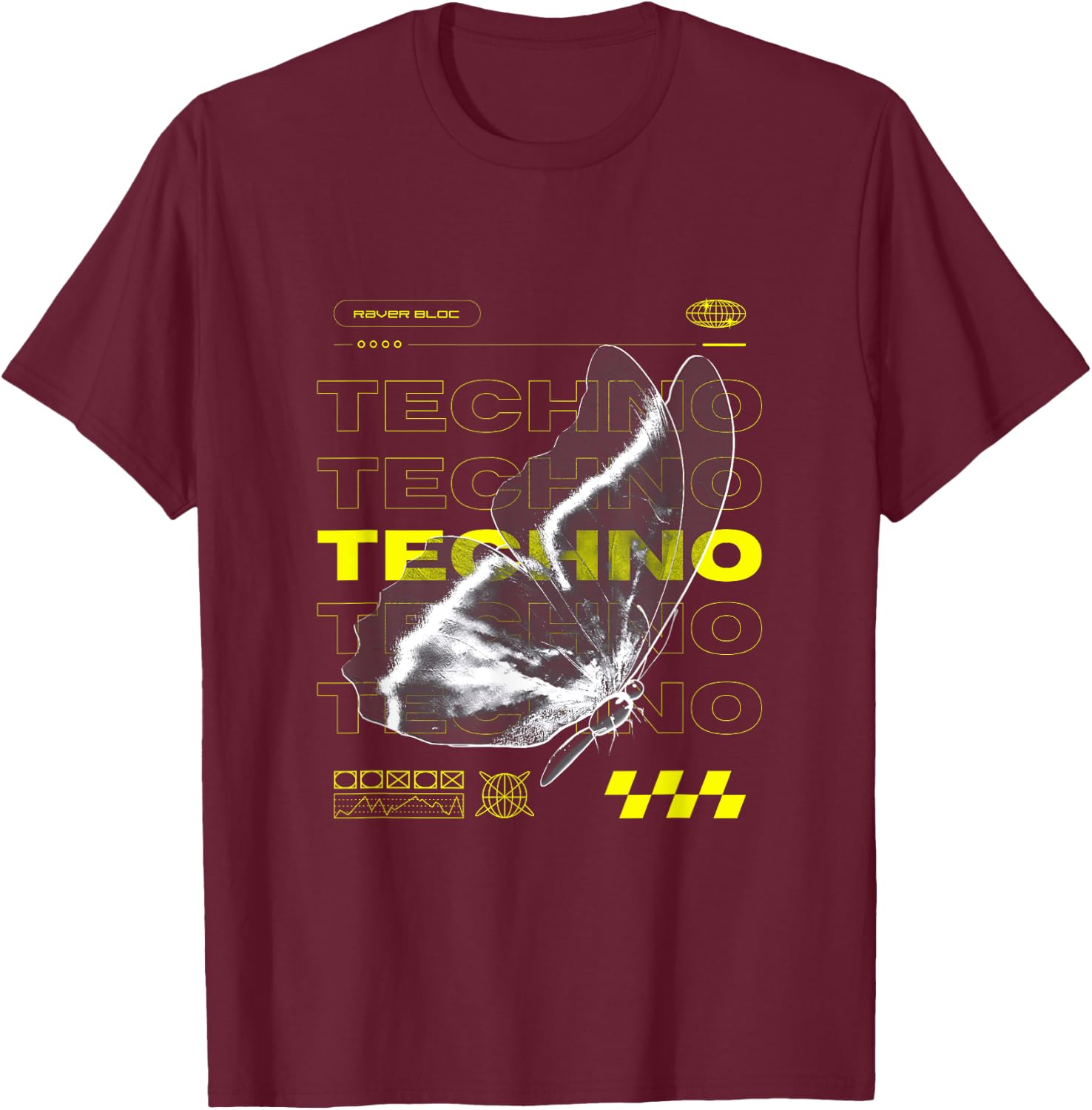 Techno Butterfly Rave , Black, S T-Shirt - T-Shirt | Maroon