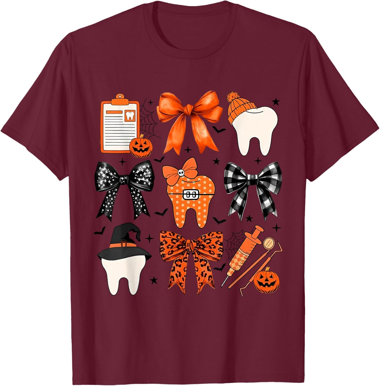 Coquette Halloween Dentist Dental Assistant Teeth Halloween T-Shirt - T-Shirt | Maroon