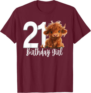 21st Birthday Highland Cow Party Girl Daughter Twenty One 21 T-Shirt - T-Shirt | Maroon
